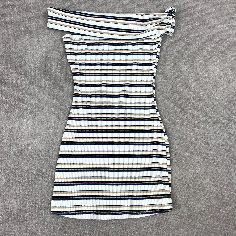 Windsor Mini Dress Womens Medium Taupe Navy Striped Ribbed Off The Shoulder